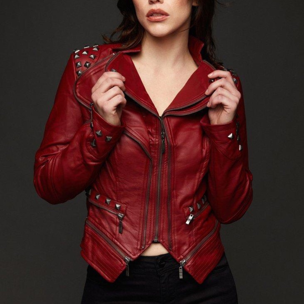 Studded Punk Red Faux Leather Slim Fit Moto Jacket